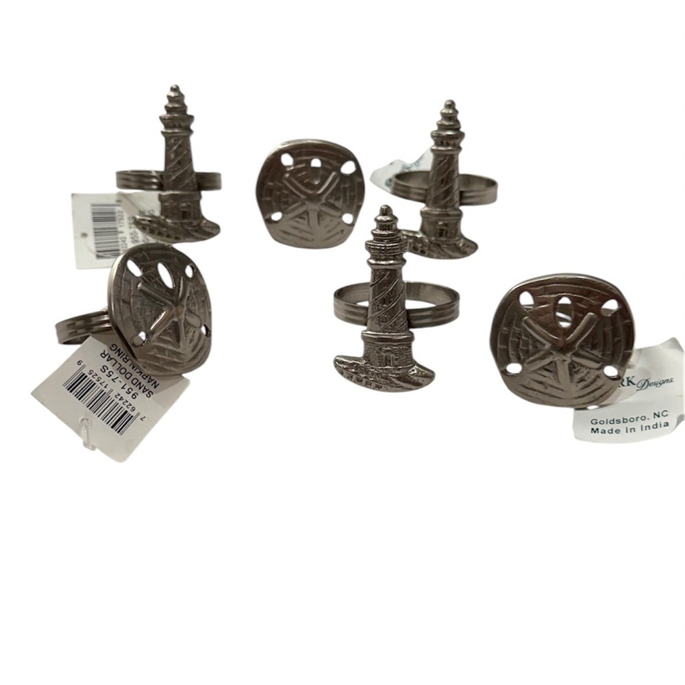 JK Designs Silver Nautical Lighthouse & Sand Dollar Napkin Rings - Set of 6